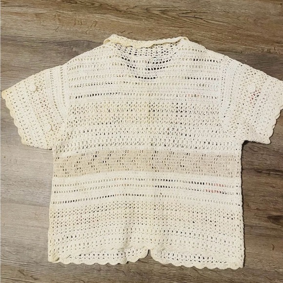 Vintage Crochet Shirt - Cream with Pink Floral Accents - Picture 4 of 6
